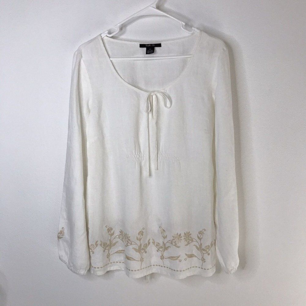 Style & Co. Womens White Linen Embroidered Peasant Top Long Sleeve Blouse Sz 10